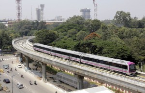 A view of Namma Metro train running, as the first line of Namma Metro project was inaugurated on Thursday on MG road, in Bangalore on Saturday. KPN